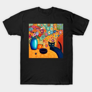 Black Cat with Modern Still Life Painting in Blue Vase T-Shirt